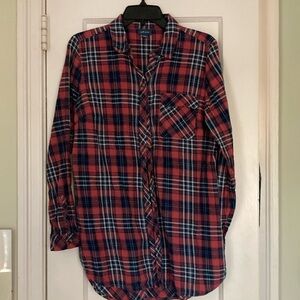 J. Jill Pink Blue Plaid 100% Cotton Tunic Button Front Blouse Top Size S